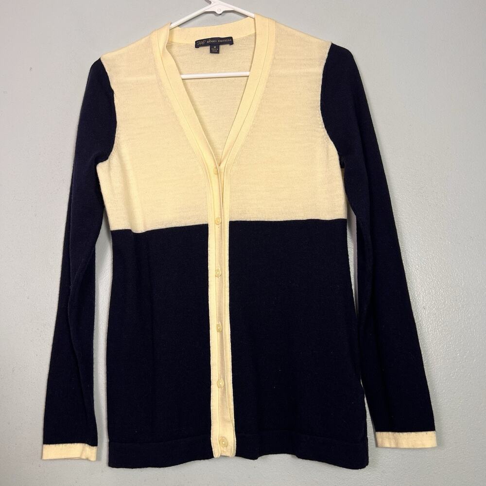 Brooks Brothers 346 Women's Merino Wool Cardigan Navy Blue Cream Colorblock Sz M